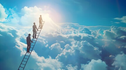 Obraz premium Businesspeople Climbing Ladder Disappearing into Clouds,Surreal Ambition Reaching New Heights