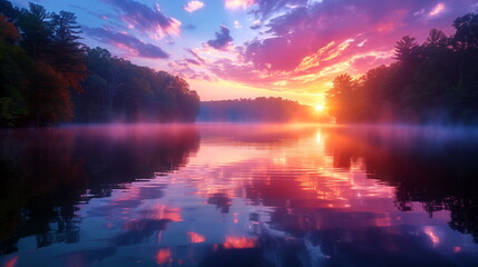 Obraz premium Mist rising from a lake at sunset with colorful reflections