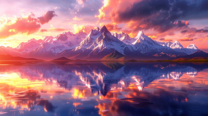 Snow-capped mountains and a reflective lake at sunset