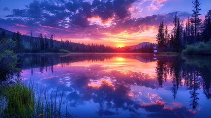 A distant lighthouse reflected in a tranquil lake at sunset