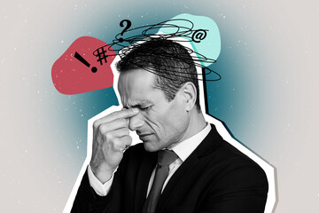 Composite photo collage of tired businessman headache work failure problem dismissal pressure...