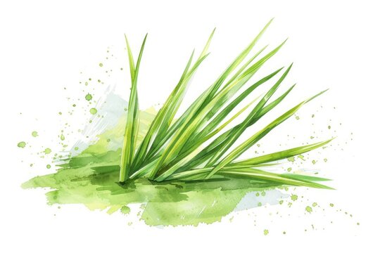 Vibrant Lemongrass Plant and Slices. Watercolor Handmade Illustration on White Background