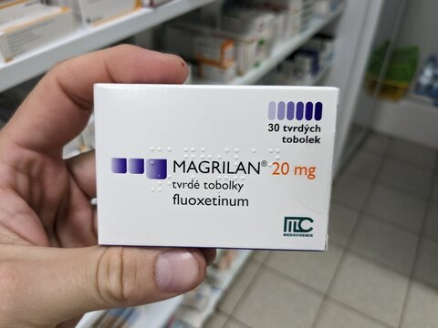 Prague, Czech Republic - JULY 10 2024: Magrilan box of medication with fluoxetine active substance by Teva Pharmaceuticals, used for treatment of depression, OCD, and panic disorder.