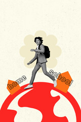 Vertical artwork collage image picture of black white colors mini schoolkid walk school home isolated on creative background