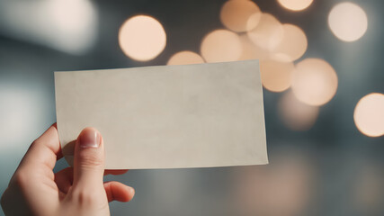 Hand holding blank note paper in hand.    AI generated image, ai