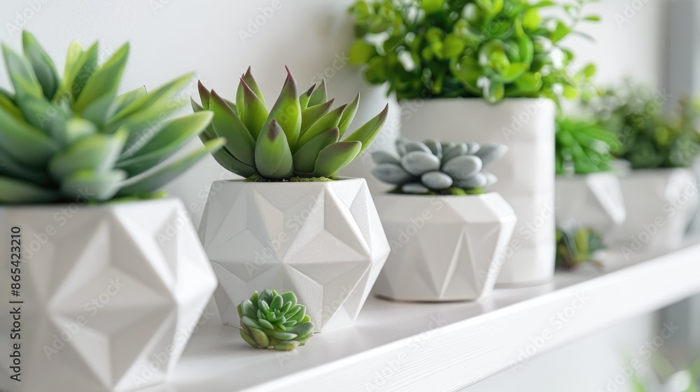 Wall mural Geometric succulent planters with tiny plants on white shelf as lifestyle home decor