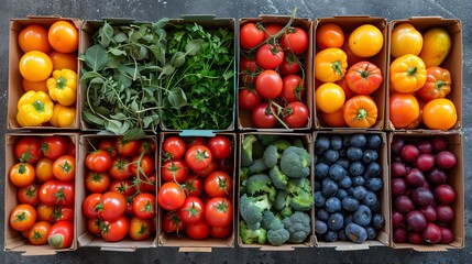 A colorful array of fresh fruits and vegetables arranged in neat compartments. Includes varieties of tomatoes, bell peppers, leafy greens, broccoli, and plums or berries.