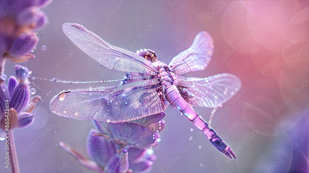 Poster a high-quality widescreen image of a dragonfly with dew drops in the morning light, perched on a flo