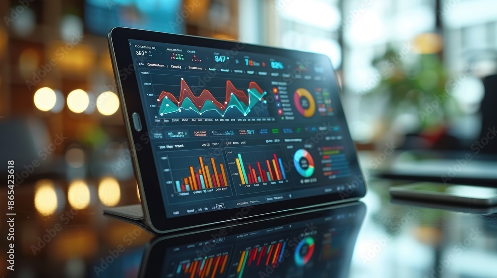 Poster a close-up of a tablet displaying a business analytics dashboard, resting on a glass desk.