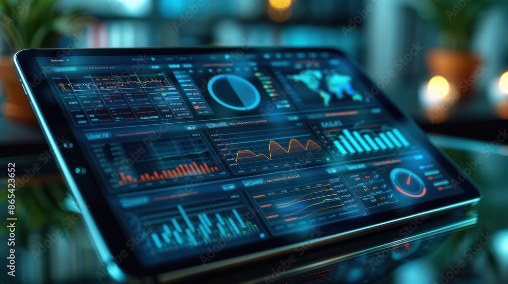 Poster a close-up of a tablet displaying a business analytics dashboard, resting on a glass desk.