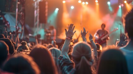 A close-up view of a concert crowd with their hands raised in the air, facing a stage with bright lights. The crowd is enjoying a live performance.