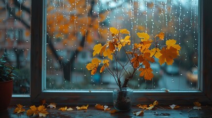 A view of a tree with yellow leaves from the window when it rains in the fall. Looking out of the window at a yellow-leaves tree during an autumn rainstorm.