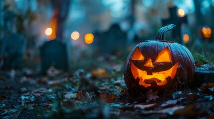 Obraz premium Spooky cemetery with glow halloween pumpkin in the night. copy space
