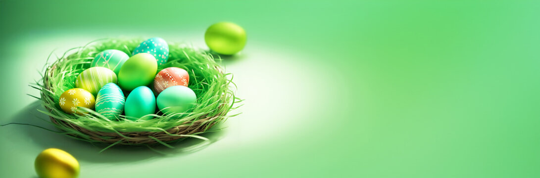 Ostern Dekoration bunte Ostereier Eier in Nest aus Moos Gras heller Hintergrund als Banner f&uuml;r Produktplatzierung mit warmen Fr&uuml;hling Sonnenstrahlen leuchtend frisch gr&uuml;n leicht festlich dekorativ