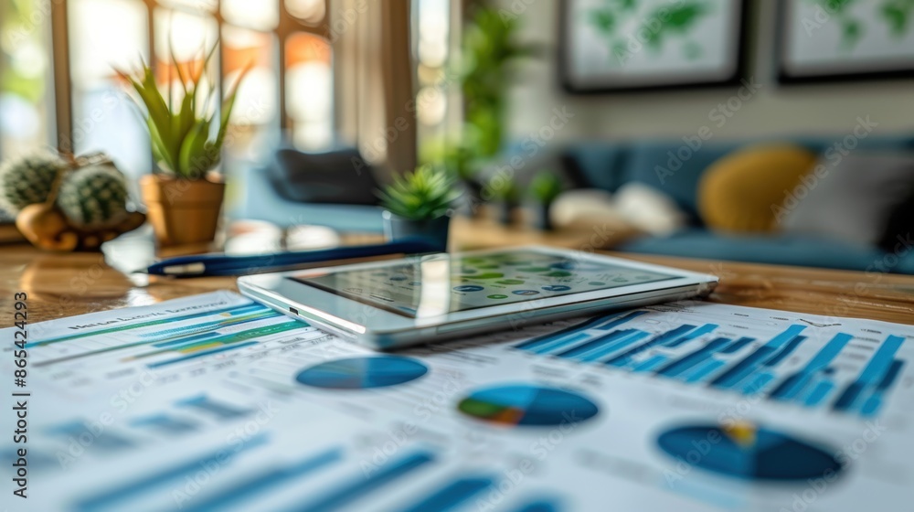 Poster a close-up of a tablet displaying a business analytics dashboard, resting on a glass desk.
