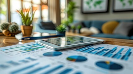 A close-up of a tablet displaying a business analytics dashboard, resting on a glass desk.