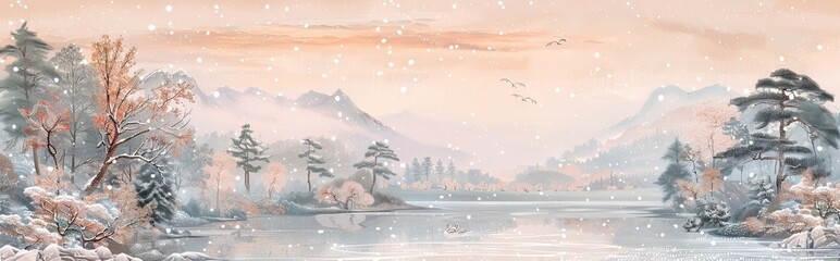 Serene Blossoming Mountainscape A Sumi e Ink Painting of Young Trees and Sakura with Happiness Hieroglyph. Wall art. AI generated illustration