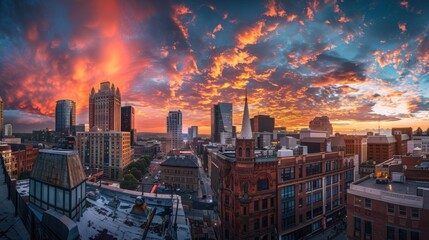 Obraz premium Sunset Skyline of a City with Vivid Clouds