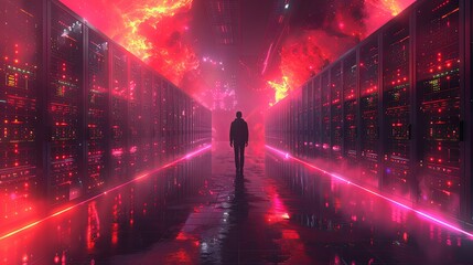 Fototapeta premium Data center. Technician works in server room racks. Business technology cloud computing service. Data center set flat vector modern illustration