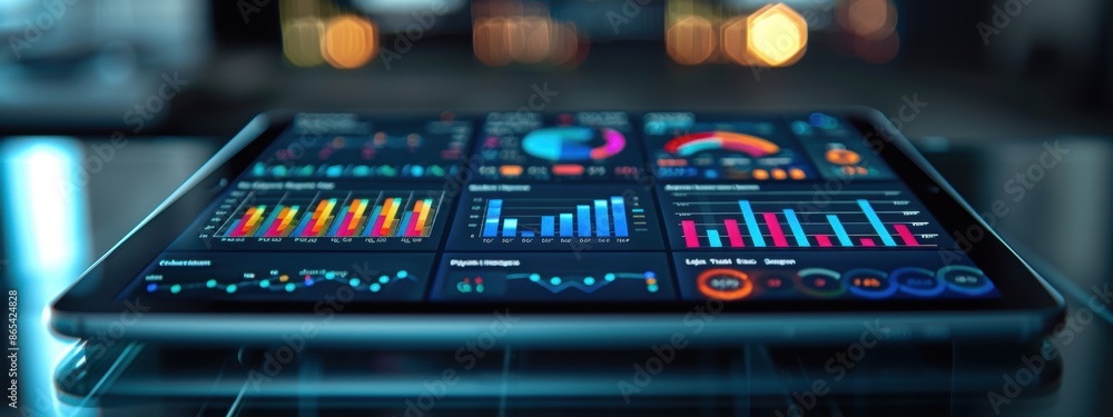 Poster a close-up of a tablet displaying a business analytics dashboard, resting on a glass desk.