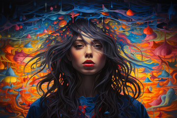 A beautiful woman with long black hair and red lips is standing in front of a colorful abstract background.