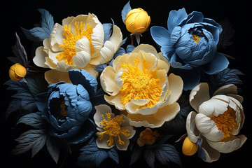 A bouquet of blue and yellow flowers on a black background.