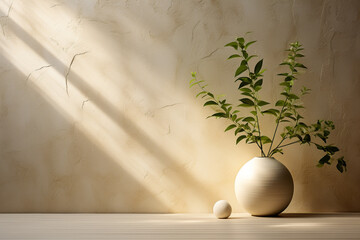 A ceramic vase with green leaves sits on a wooden table against a beige wall with shadows from a window falling on it.