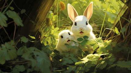 A cute bunny and its baby hiding in the bushes