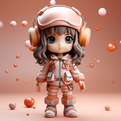 A cute 3D rendering of an anime girl with brown hair and pink headphones
