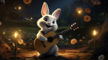 A cute cartoon rabbit playing the guitar in a magical forest
