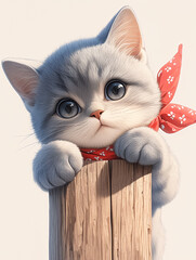 A cute cartoon cat with big eyes and a red scarf is peeking around a wooden post.