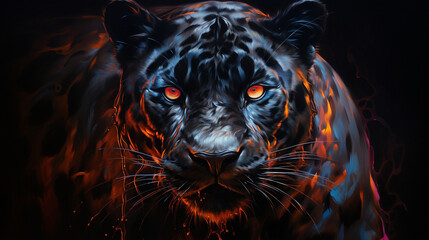 A digital painting of a black panther with glowing red eyes and a colorful abstract background.
