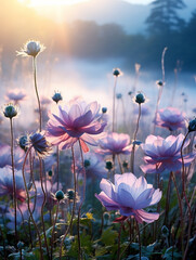 A field of purple flowers with the sun rising in the background