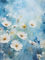 A field of white daisies painted in an impressionist style with a blue background.