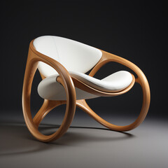 An organic, wooden rocking chair with white leather cushions.