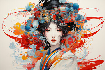 A photo of a geisha with a colorful and abstract background.