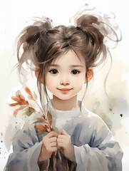 A watercolor painting of a cute little girl with brown hair and big brown eyes