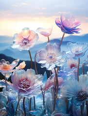3D render of a field of translucent flowers with a mountainous landscape in the background