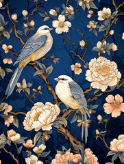 A seamless pattern with a beautiful floral design in the style of chinoiserie.