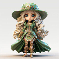 A 3D rendering of a chibi character with blonde hair and green eyes wearing a green and gold outfit and a large hat.