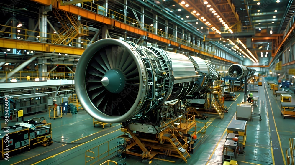 Poster a large jet engine is being built in a factory. concept of industry and progress, as the engine is b