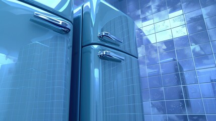 Aqua Dreams: A Retro Refrigerator Reflects a Blue Tiled Wall