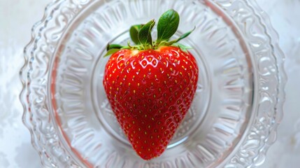 Vibrant red strawberry on clear plate top view close up