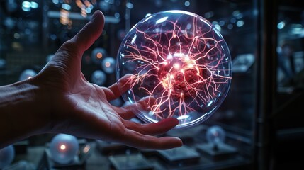 Man hand touching plasma ball with many energy rays 
