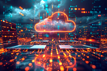 A cloud with glowing data and icons floating above laptops, surrounded digital graphics of computers , representing the concept of virtualized technology and cloud computer. Generative Ai.