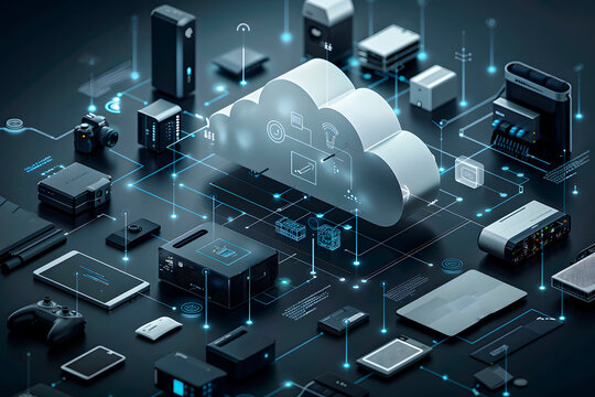 A cloud computing platform with various devices connected to it, showcasing the data transfer and storage capabilities of cloud technology. Datum, digital, science, no people, computer. Generative Ai.