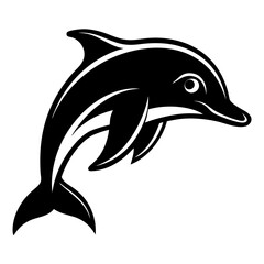 A black and white silhouette of a dolphin jumping out of the water