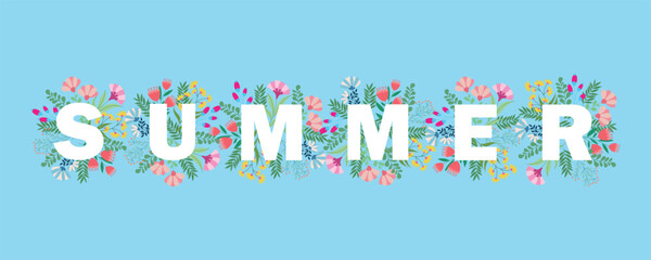 Hello Summer Floral Poster. Tropical Exotic Flowers Design for Banner, Flyer, Brochure, Fabric Print. Summertime Watercolor Background. Vector illustration

