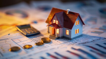 Miniature house model on financial graphs and charts