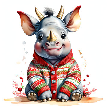 recommend clip art: Little rhinoceros watercolor clip art on white background.